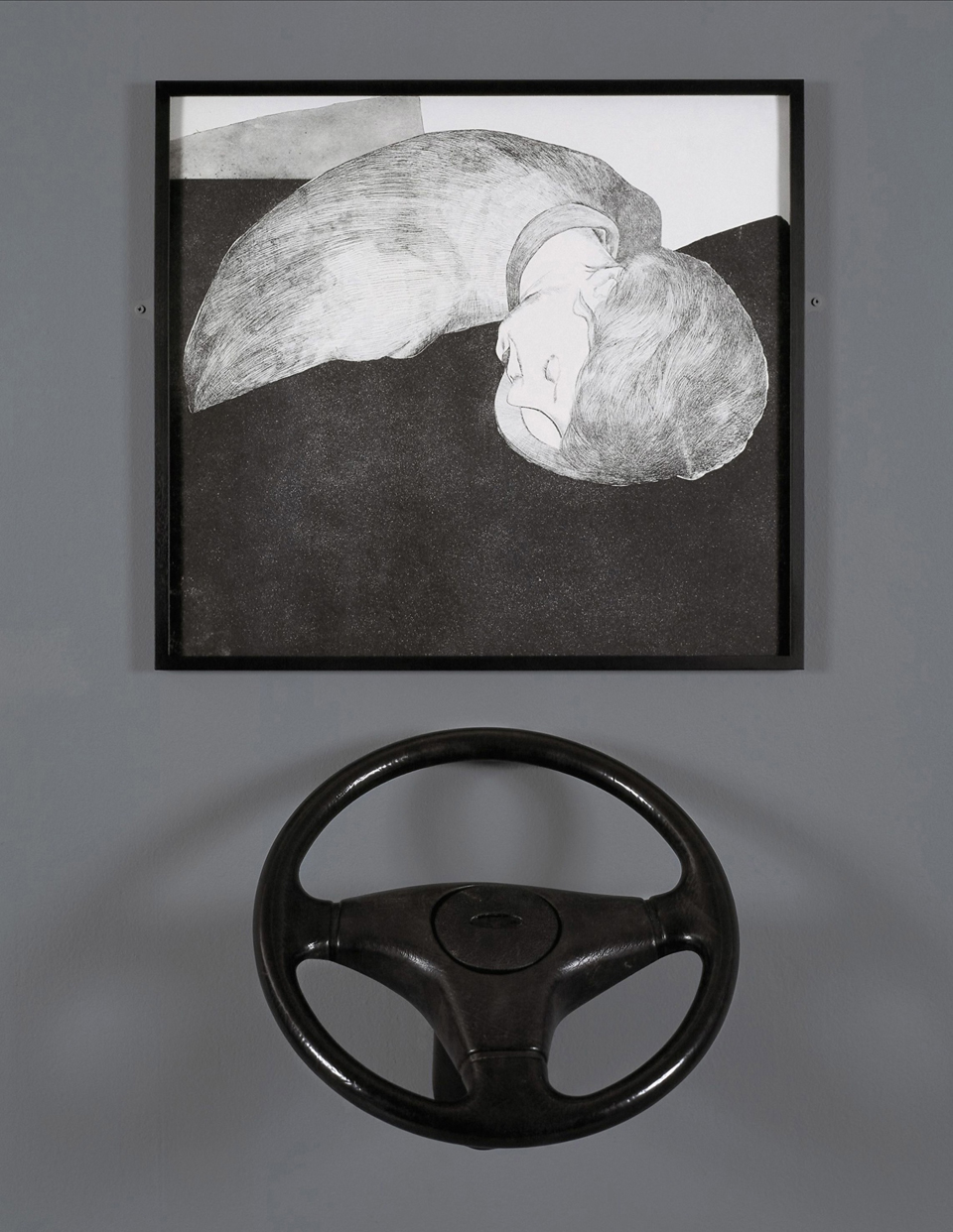 Player (First Act), 2005 Framed etching and steering wheel, 49 x 54 cm Installation view